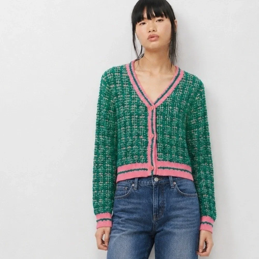 Cider Green Pink Tweed Boucle Cropped Cardigan Sweater Metallic Gold Size L